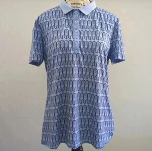 NVO |  Women's Blue Heron Golf Patterned Button Up Collard Kelly Polo